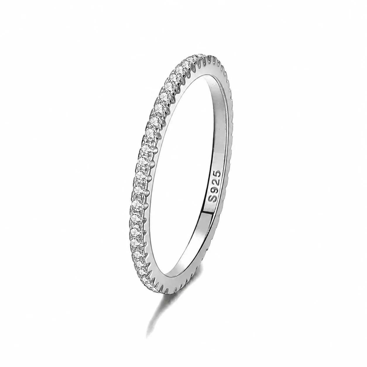 Delicate 925 Sterling Silver Pavé Round CZ Slim Ring - Silver