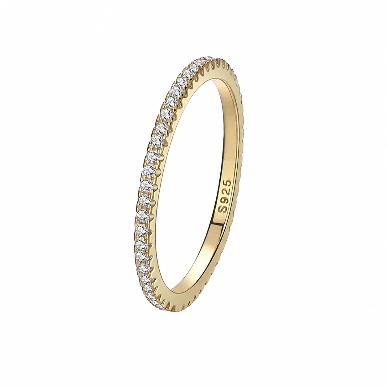 Delicate 925 Sterling Silver Pavé Round CZ Slim Ring - Gold