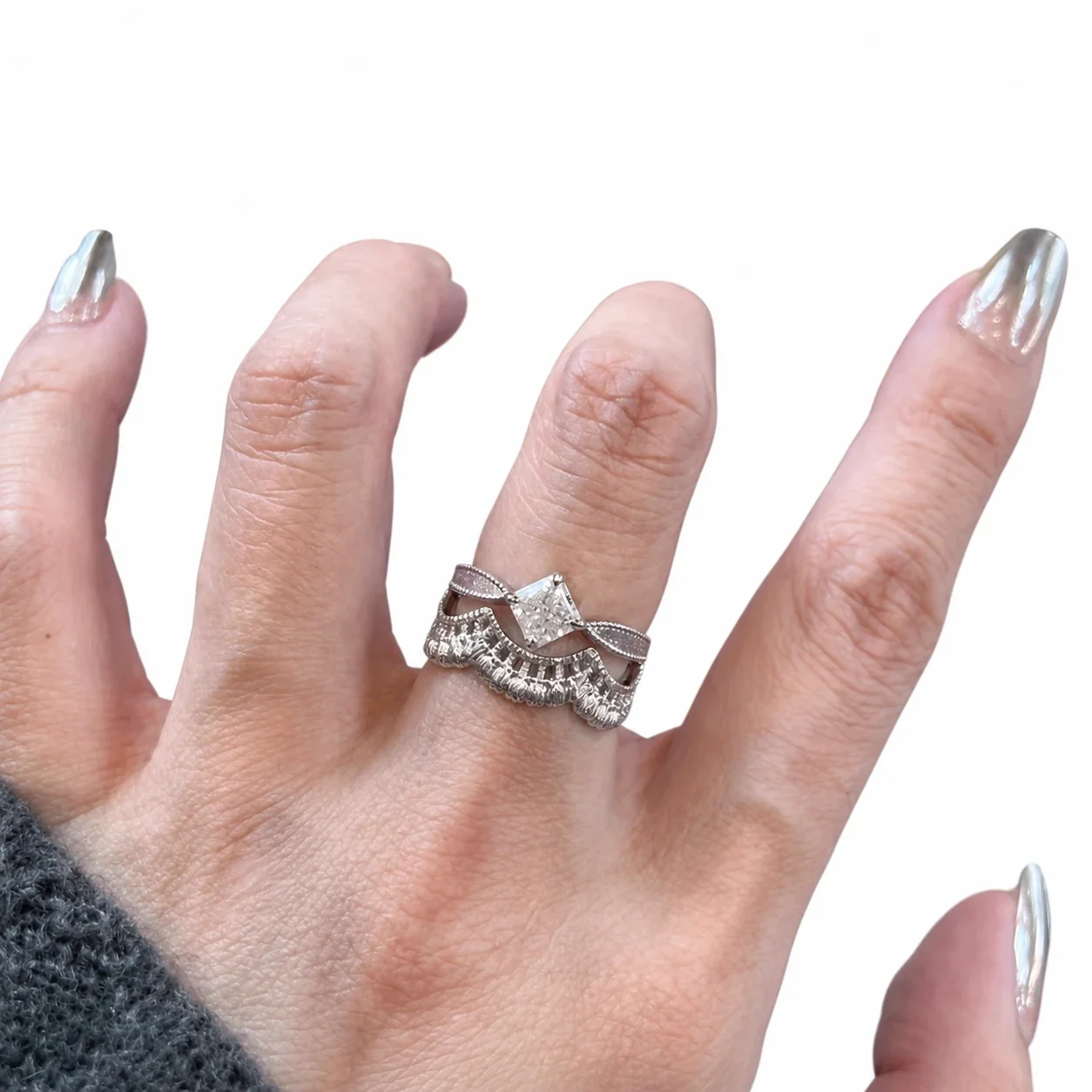 Regal Silver-Plated Lace Crown Square CZ Copper Ring
