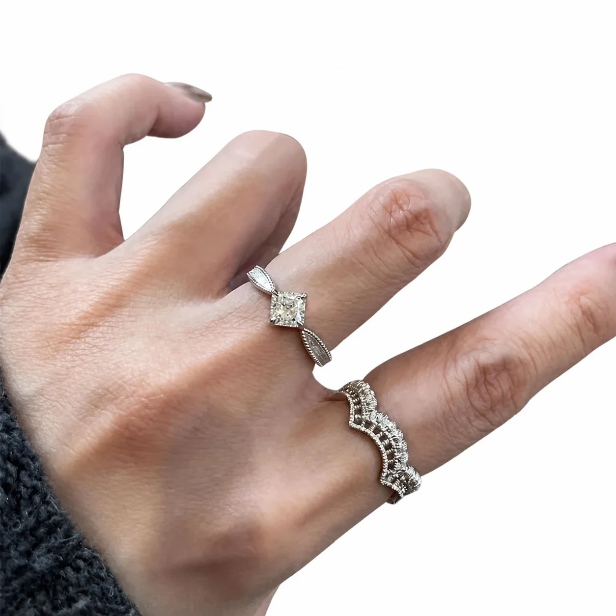 Regal Silver-Plated Lace Crown Square CZ Copper Ring