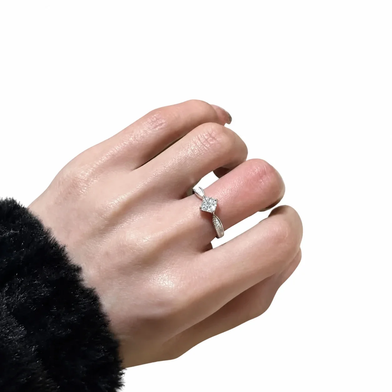 Regal Silver-Plated Lace Crown Square CZ Copper Ring