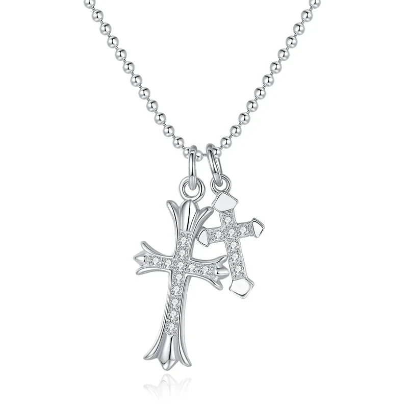 Gothic Cross Duo 925 Sterling Silver Pavé Pendant Necklace