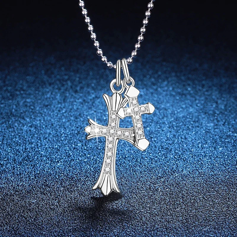Gothic Cross Duo 925 Sterling Silver Pavé Pendant Necklace