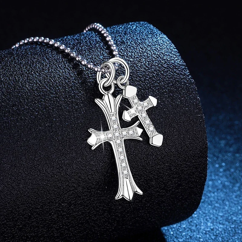 Gothic Cross Duo 925 Sterling Silver Pavé Pendant Necklace