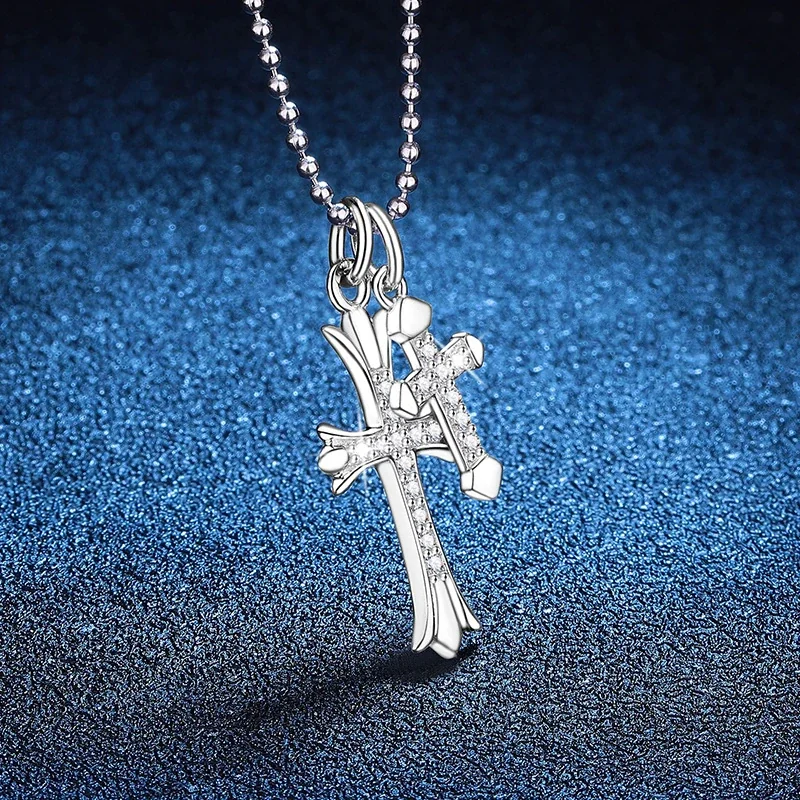Gothic Cross Duo 925 Sterling Silver Pavé Pendant Necklace