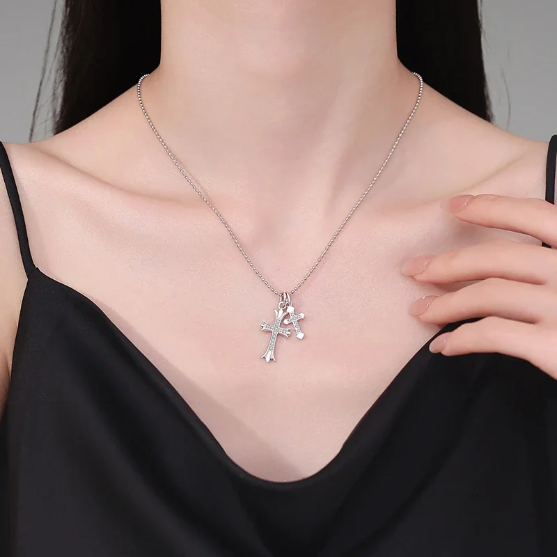 Gothic Cross Duo 925 Sterling Silver Pavé Pendant Necklace