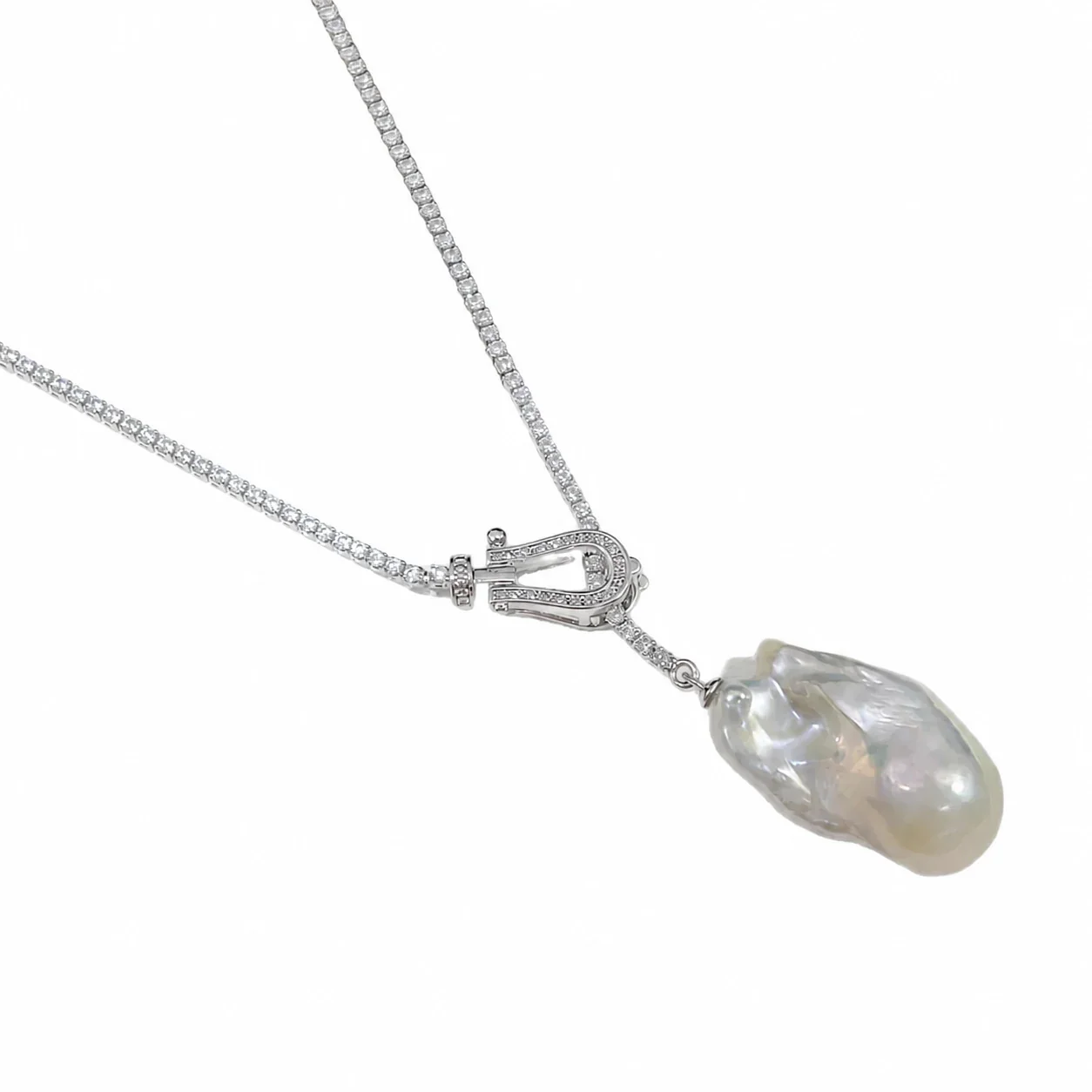Luminous Baroque Pearl Crystal Horseshoe Lariat Necklace