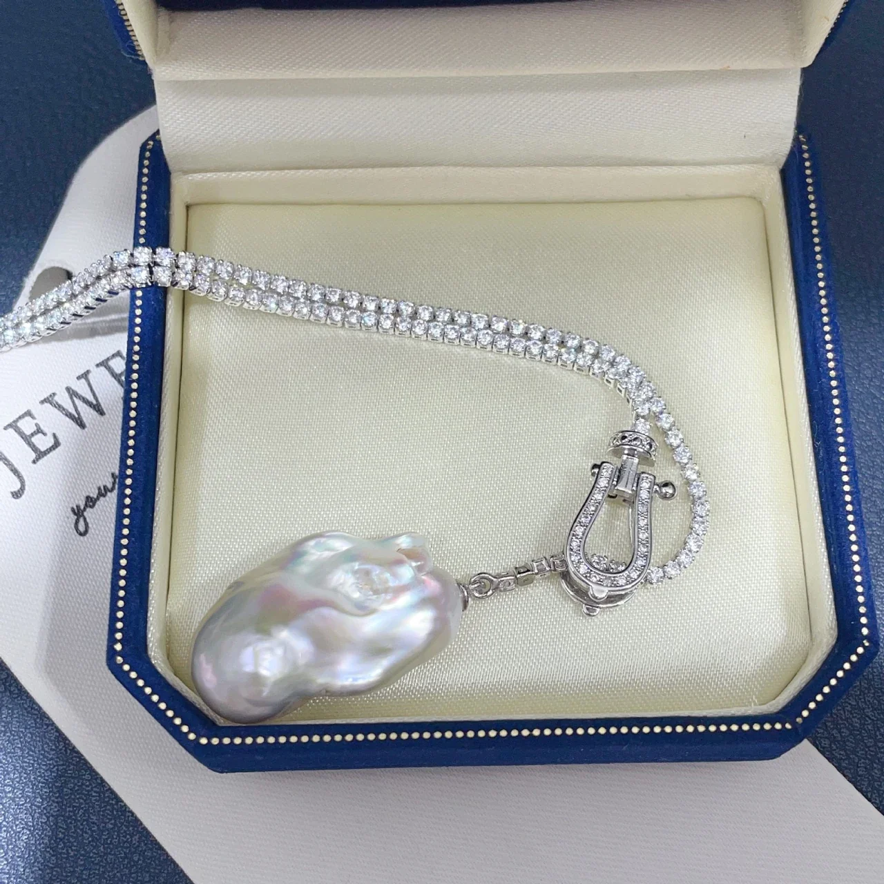 Luminous Baroque Pearl Crystal Horseshoe Lariat Necklace