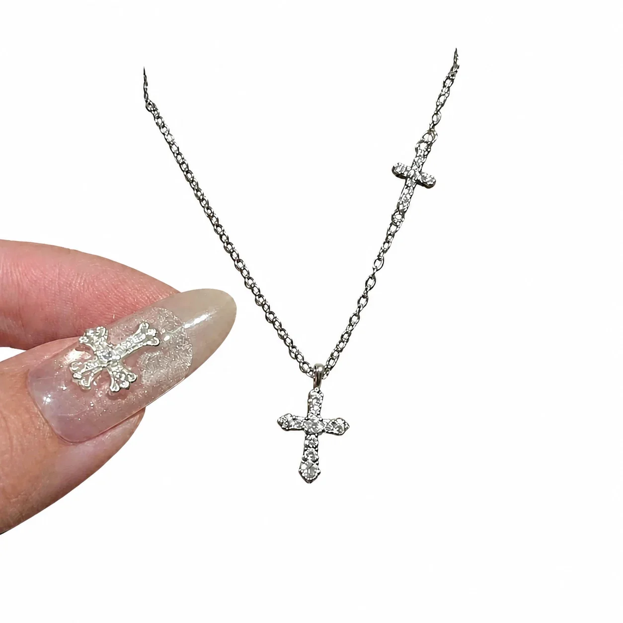 Double-Cross Silver-Plated Copper Crystal Pendant Necklace