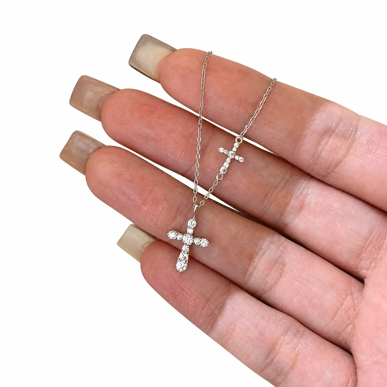Double-Cross Silver-Plated Copper Crystal Pendant Necklace