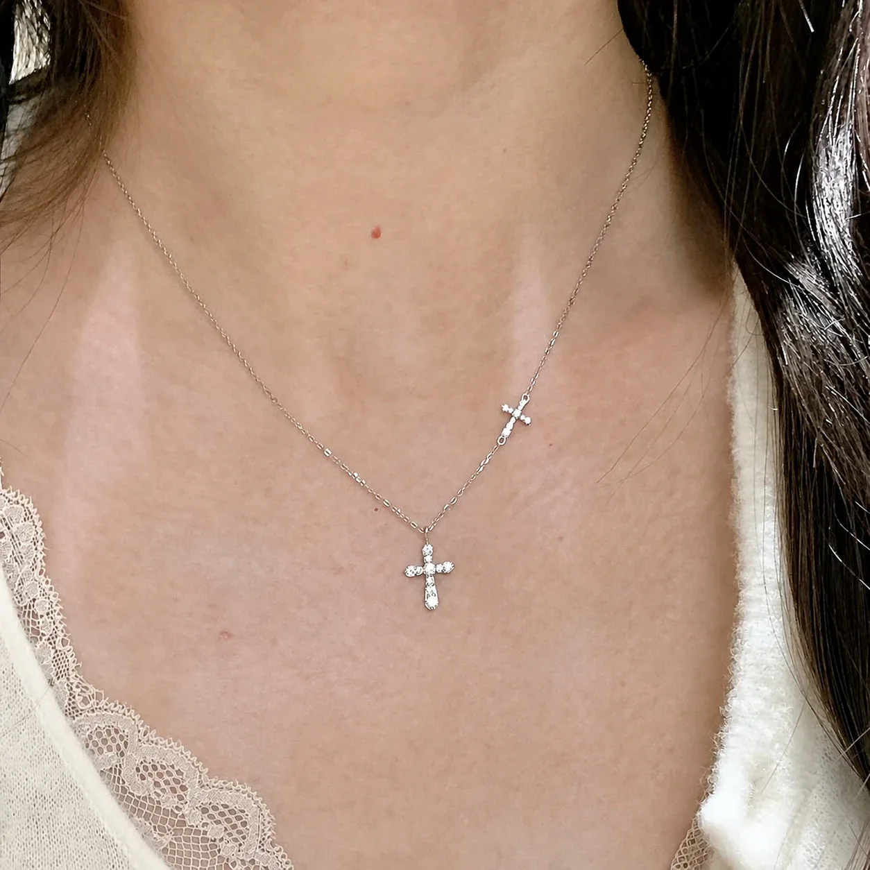 Double-Cross Silver-Plated Copper Crystal Pendant Necklace