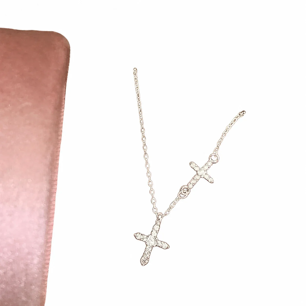 Double-Cross Silver-Plated Copper Crystal Pendant Necklace