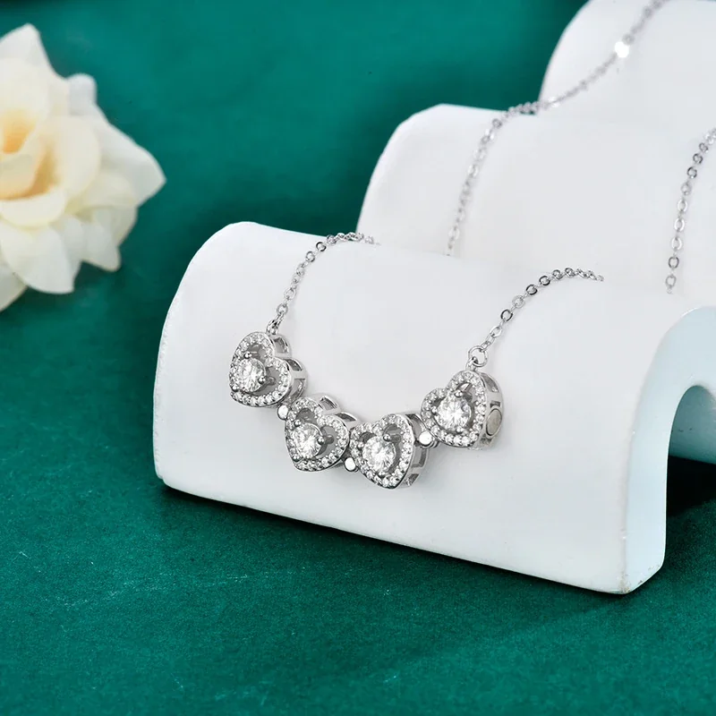 Convertible Four-Heart Halo Moissanite 925 Sterling Silver Necklace