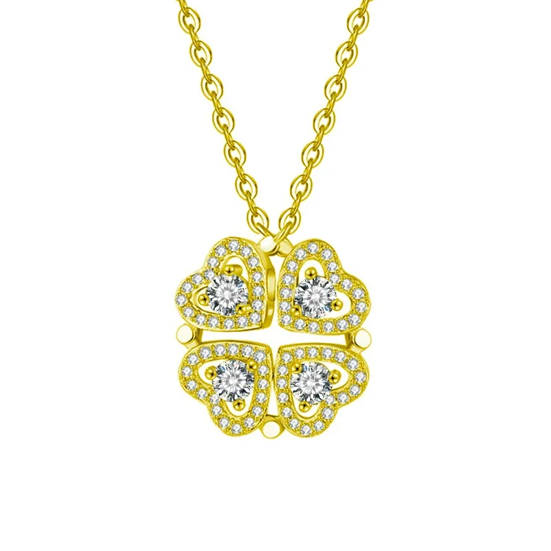 Convertible Four-Heart Halo Moissanite 925 Sterling Silver Necklace - Gold