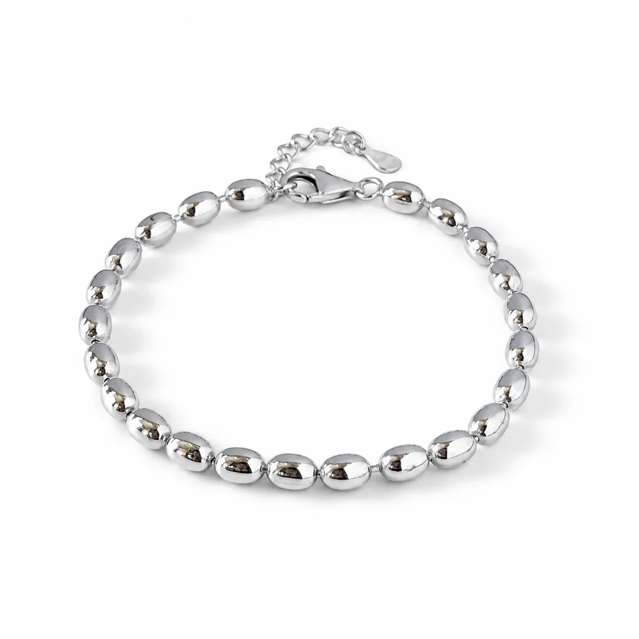 Polished 925 Sterling Silver Oval Bead Chain Bracelet
