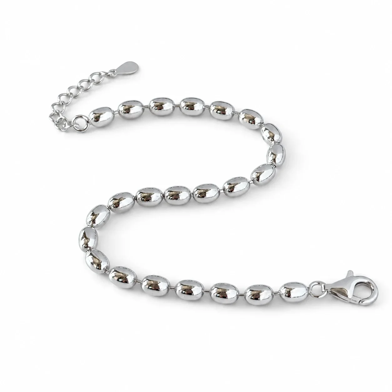 Polished 925 Sterling Silver Oval Bead Chain Bracelet