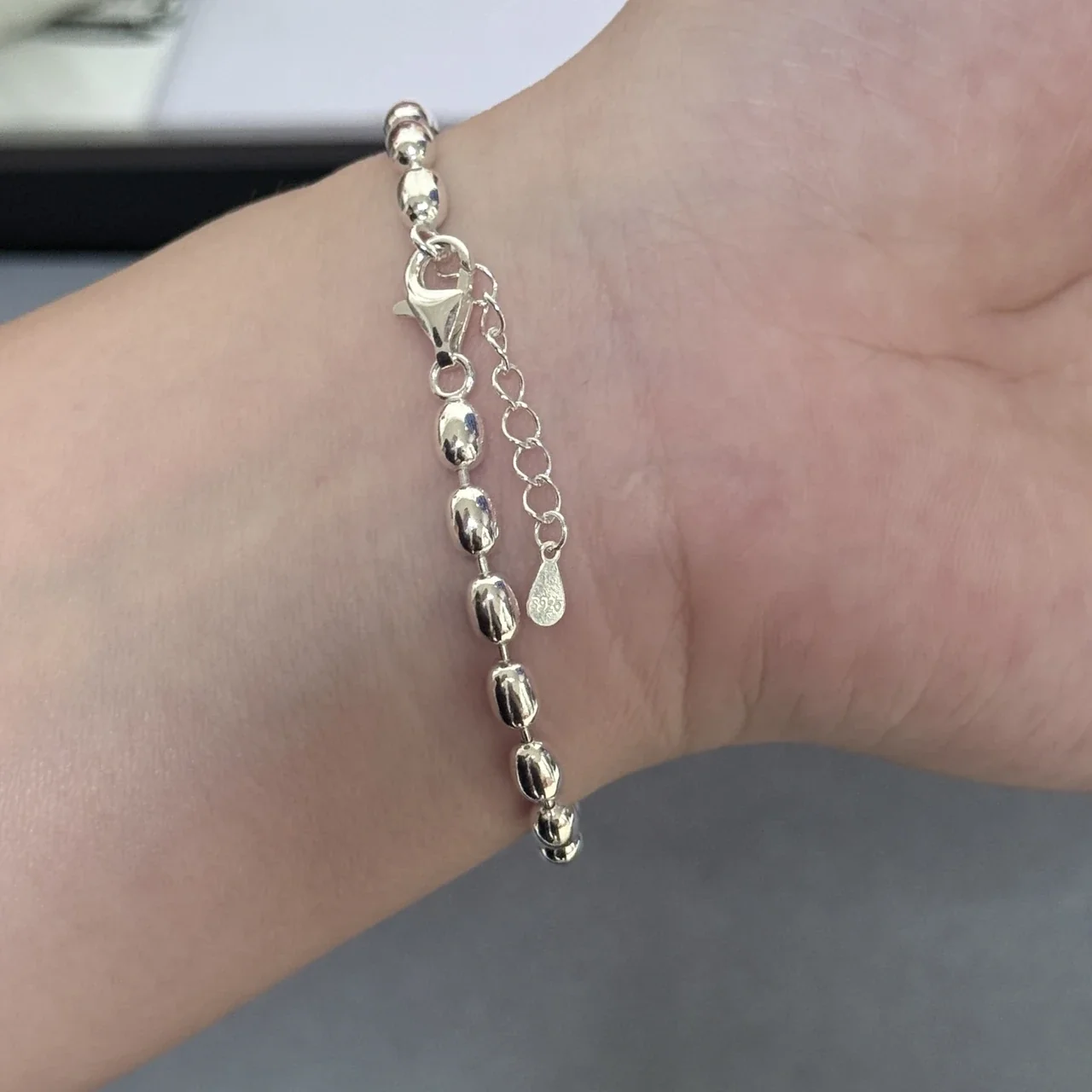 Polished 925 Sterling Silver Oval Bead Chain Bracelet