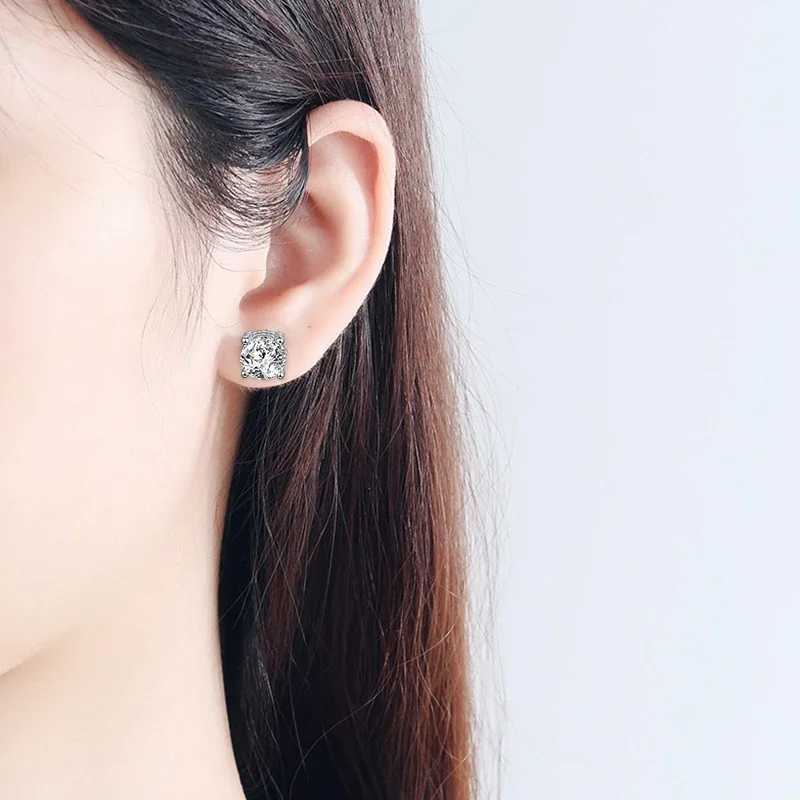 Cushion-Frame Four-Prong 925 Sterling Silver Moissanite Stud Earrings