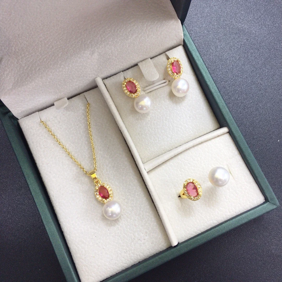 Ornate Oval Halo Freshwater Pearl Drop Jewelry Set - Gold Red
