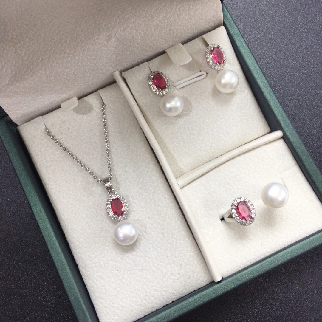 Ornate Oval Halo Freshwater Pearl Drop Jewelry Set - Silver Red