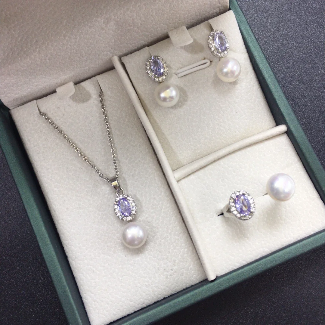 Ornate Oval Halo Freshwater Pearl Drop Jewelry Set - Silver Purple