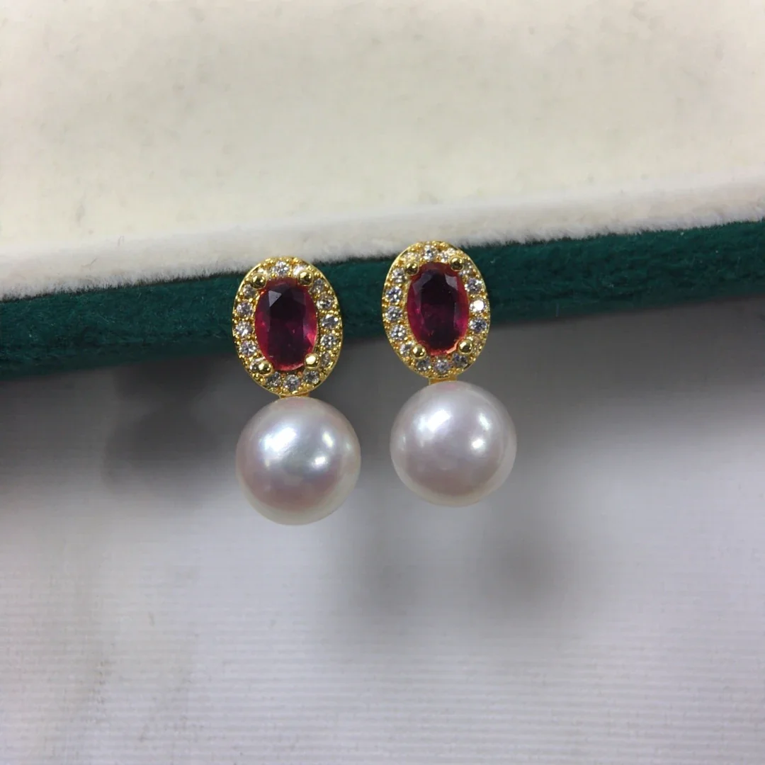 Ornate Oval Halo Freshwater Pearl Drop Jewelry Set - Gold Red Stud