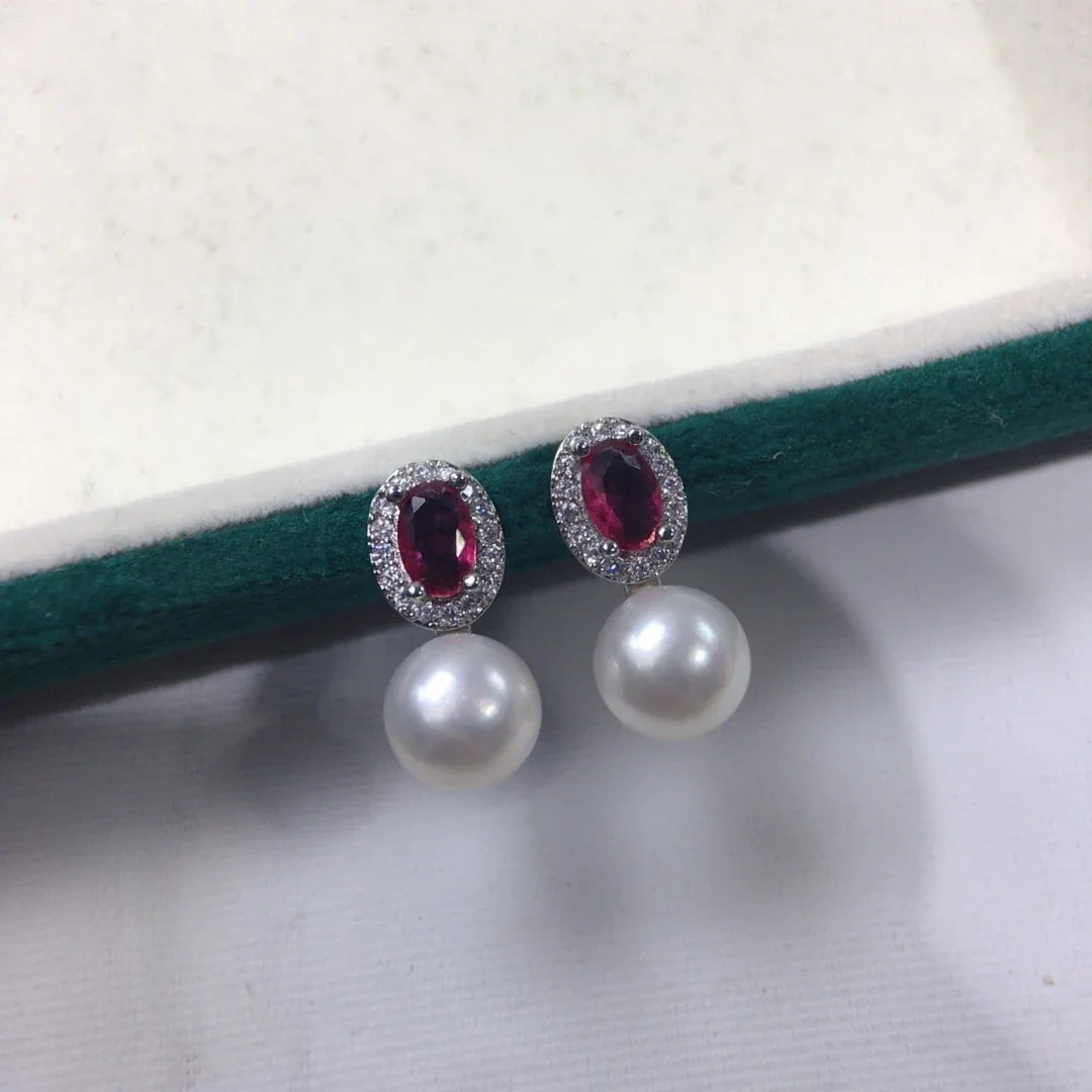 Ornate Oval Halo Freshwater Pearl Drop Jewelry Set - Silver Red Stud