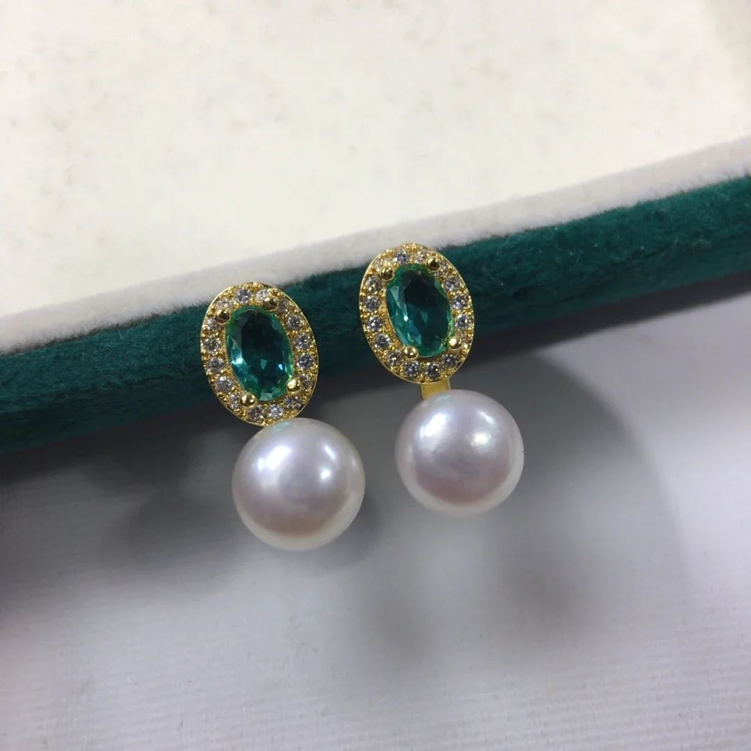 Ornate Oval Halo Freshwater Pearl Drop Jewelry Set - Gold Green Stud