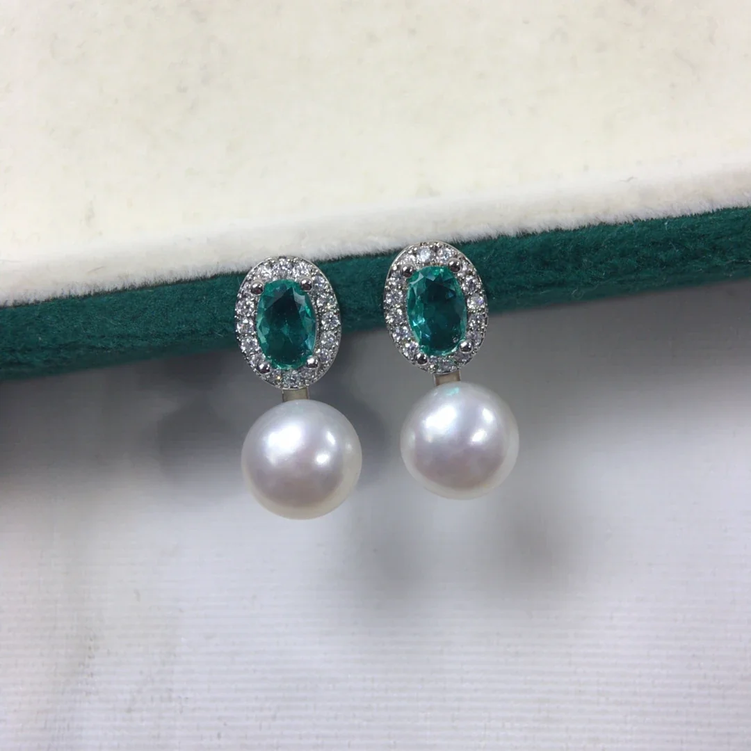 Ornate Oval Halo Freshwater Pearl Drop Jewelry Set - Silver Green Stud