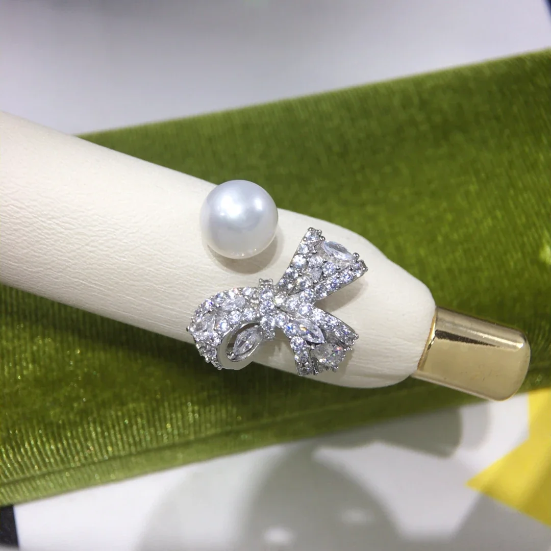 Sculptural Silver-Plated Bow Pavé Freshwater Pearl Ring