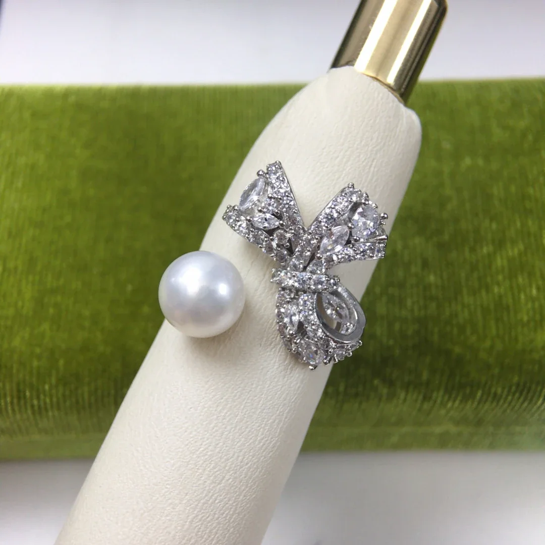 Sculptural Silver-Plated Bow Pavé Freshwater Pearl Ring
