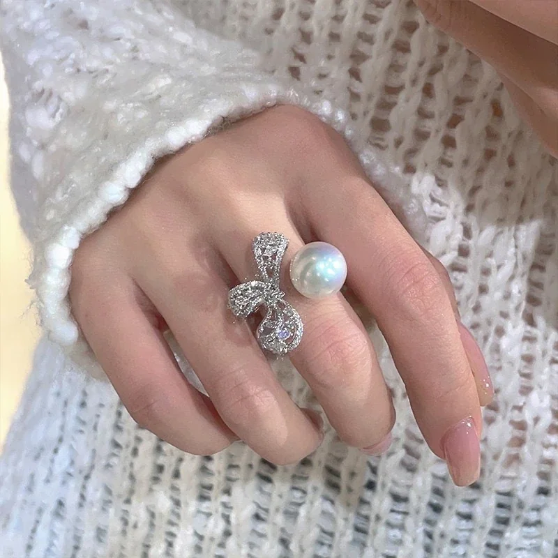Sculptural Silver-Plated Bow Pavé Freshwater Pearl Ring