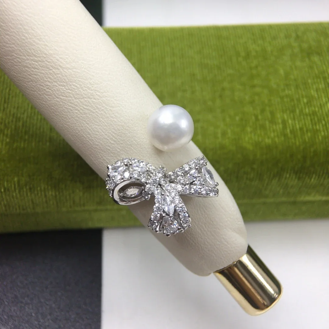 Sculptural Silver-Plated Bow Pavé Freshwater Pearl Ring
