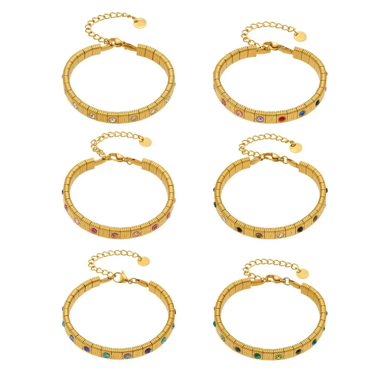 Ribbed Stainless Steel Bezel CZ Chain Bracelet