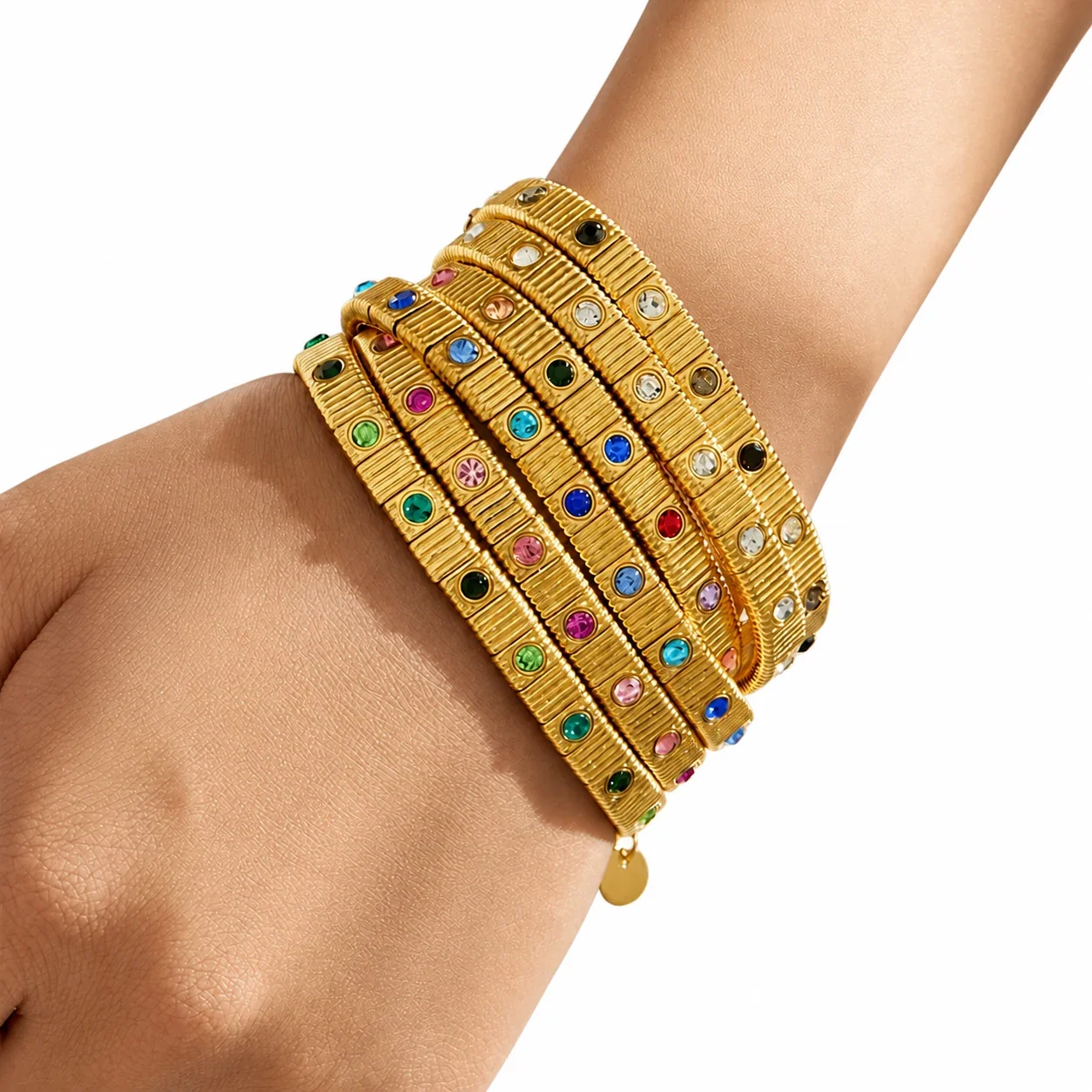 Ribbed Stainless Steel Bezel CZ Chain Bracelet