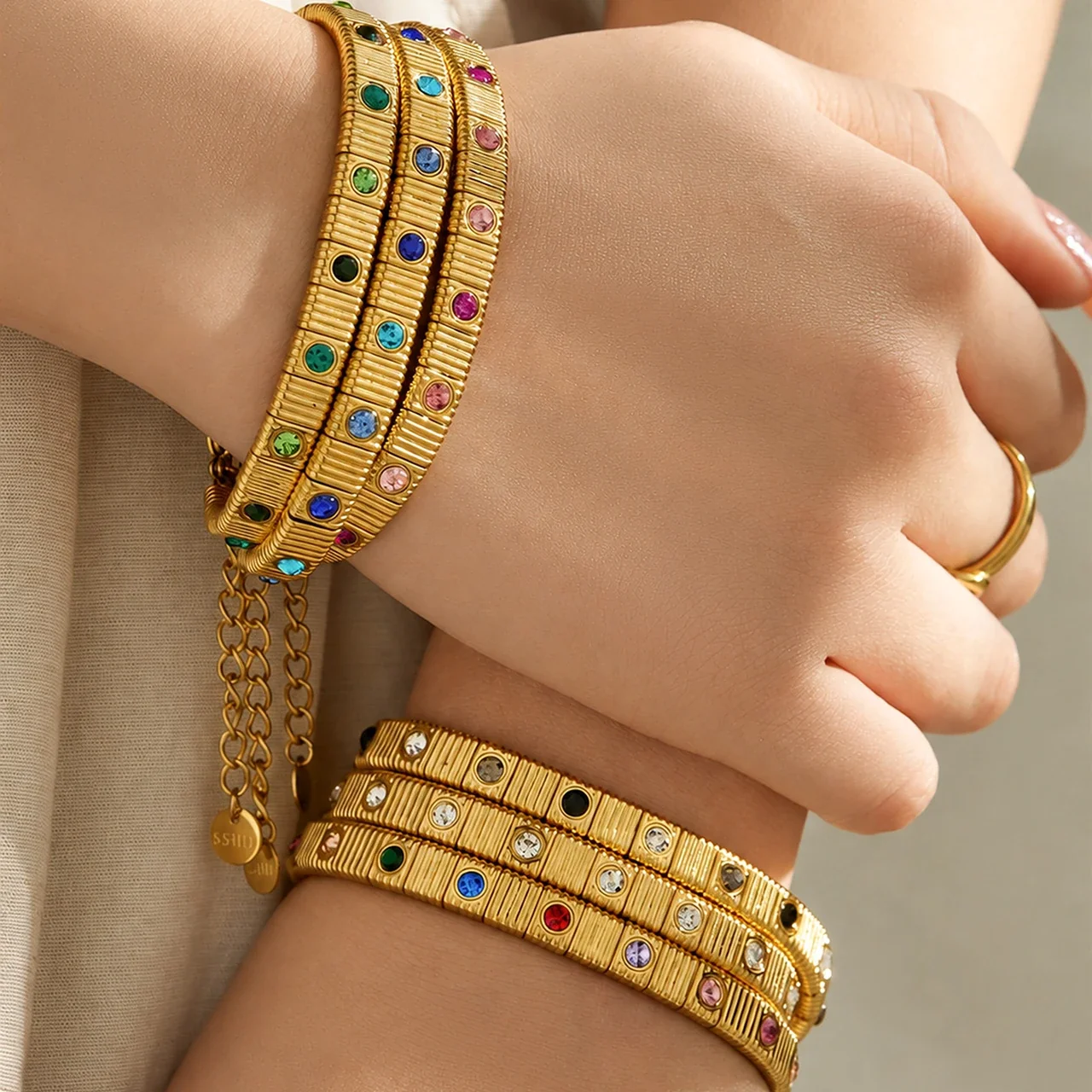 Ribbed Stainless Steel Bezel CZ Chain Bracelet