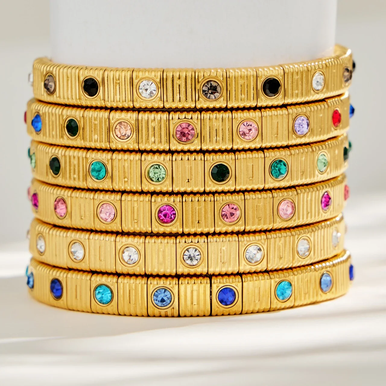 Ribbed Stainless Steel Bezel CZ Chain Bracelet