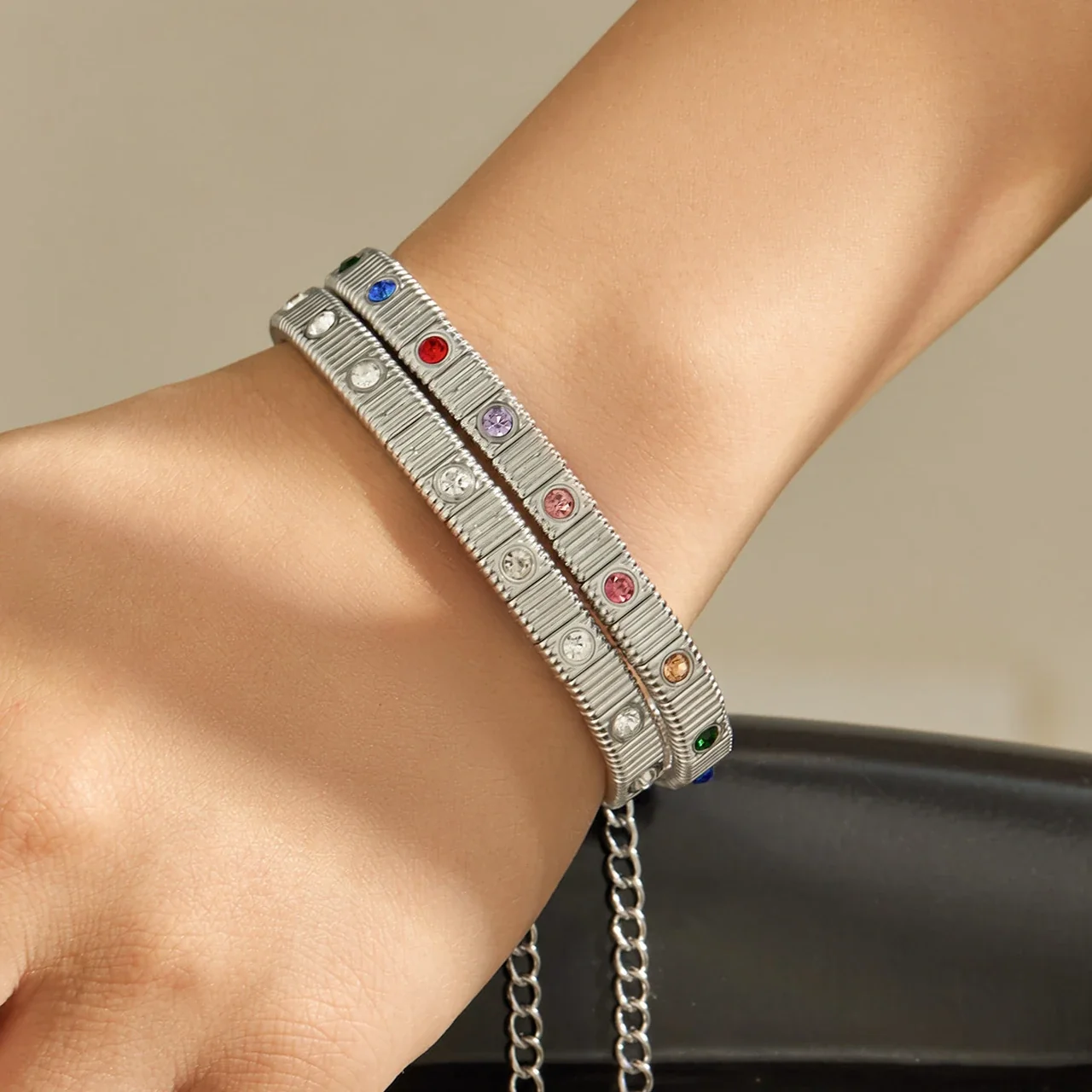 Ribbed Stainless Steel Bezel CZ Chain Bracelet