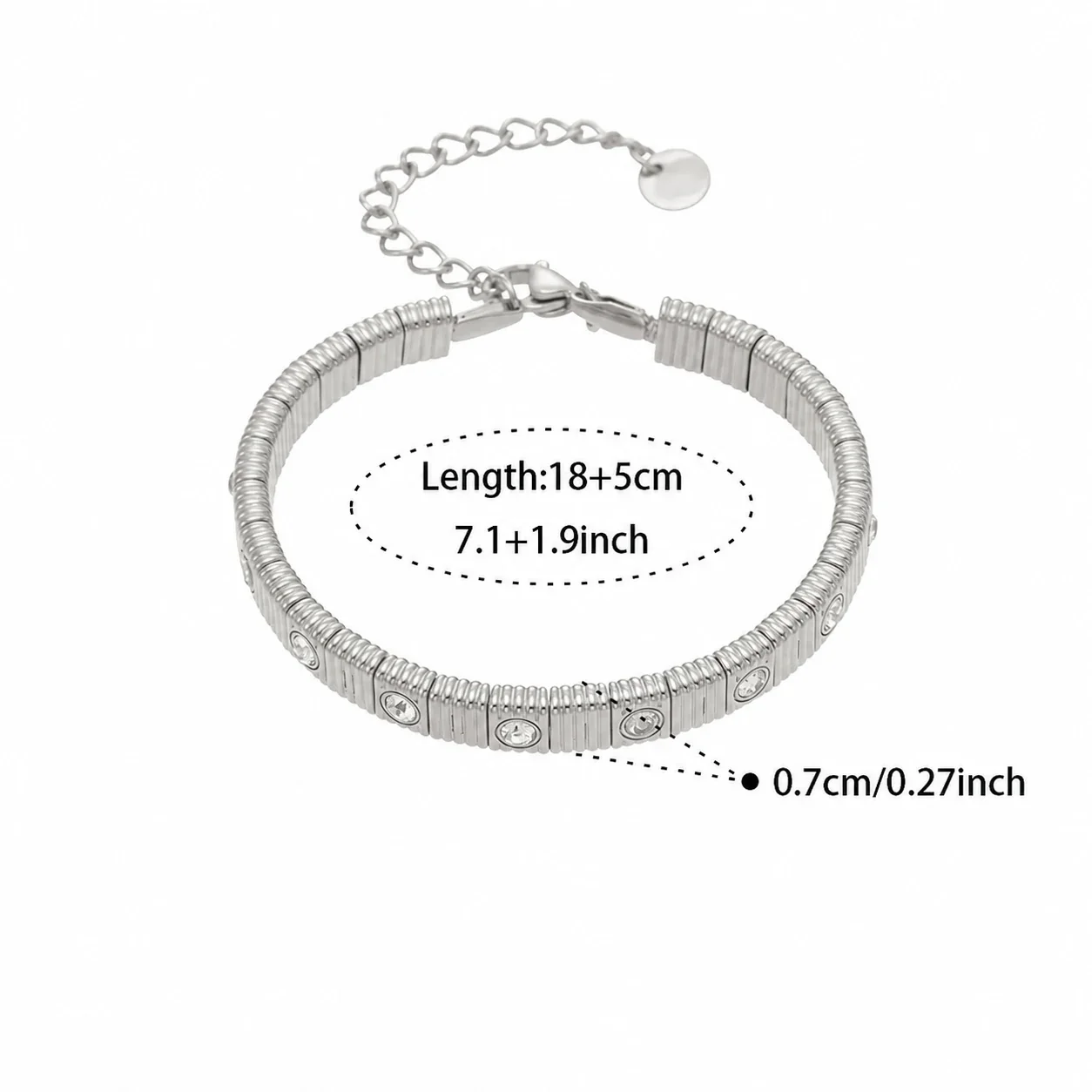 Ribbed Stainless Steel Bezel CZ Chain Bracelet - Silver Clear CZ