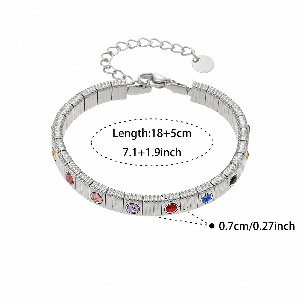 Ribbed Stainless Steel Bezel CZ Chain Bracelet - Silver Multicolor CZ