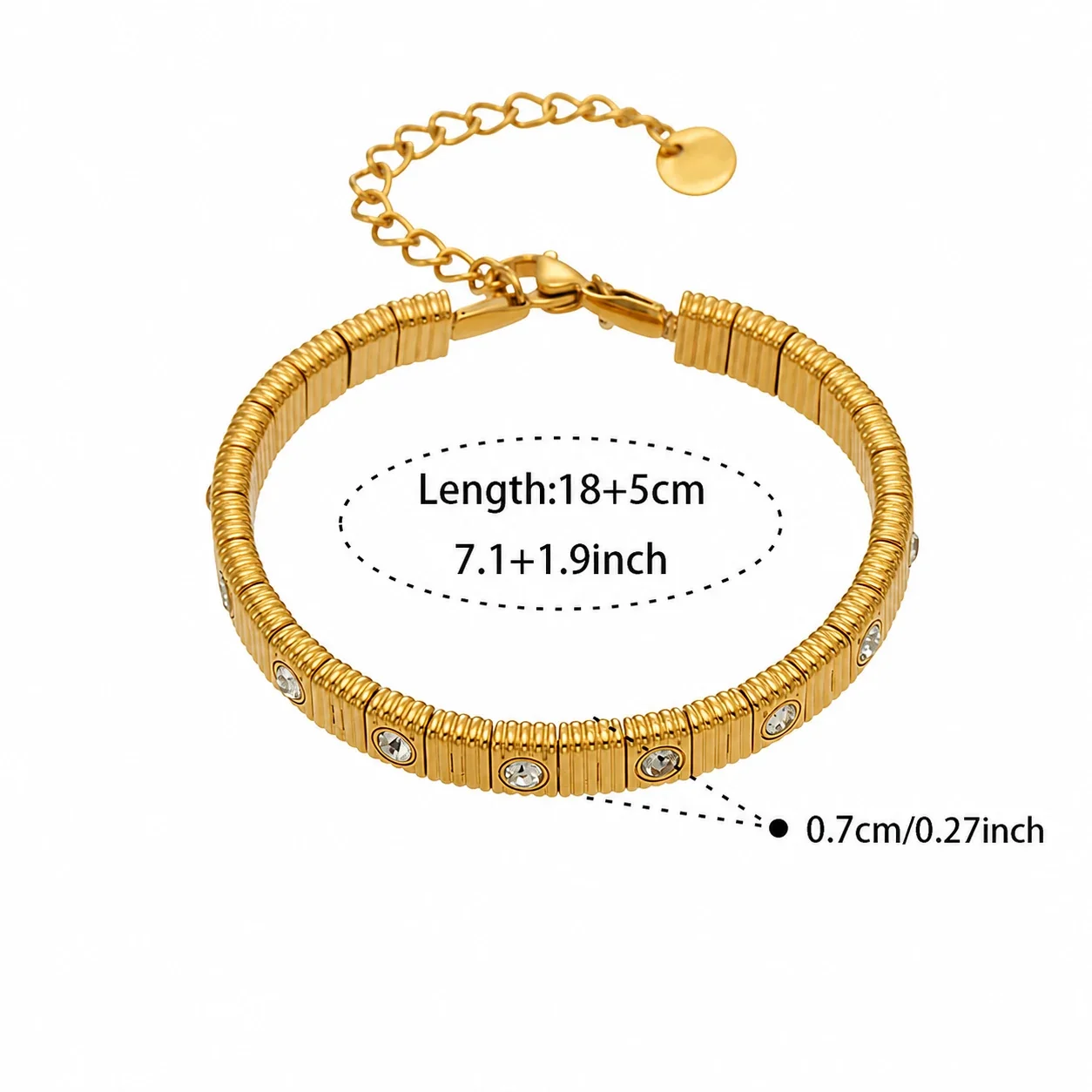 Ribbed Stainless Steel Bezel CZ Chain Bracelet - Gold Clear CZ