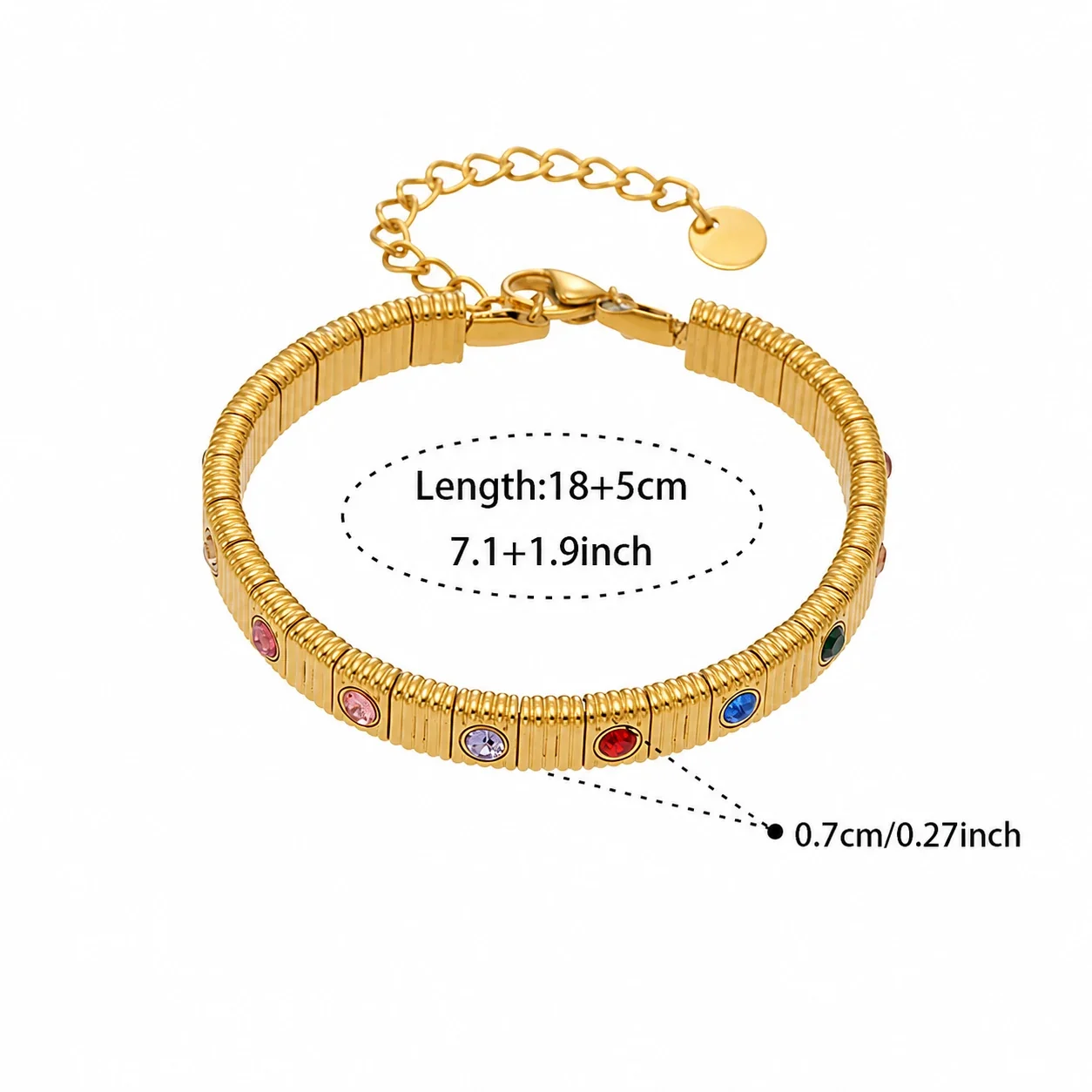 Ribbed Stainless Steel Bezel CZ Chain Bracelet - Gold Multicolor CZ