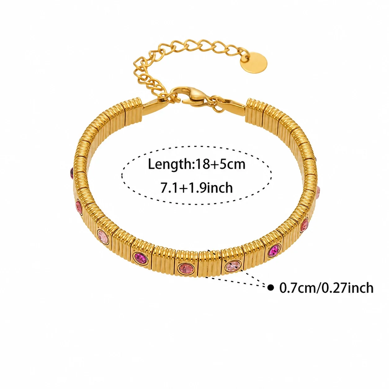 Ribbed Stainless Steel Bezel CZ Chain Bracelet - Gold Pink CZ
