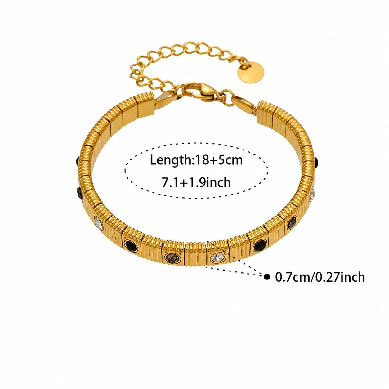 Ribbed Stainless Steel Bezel CZ Chain Bracelet - Gold Black CZ