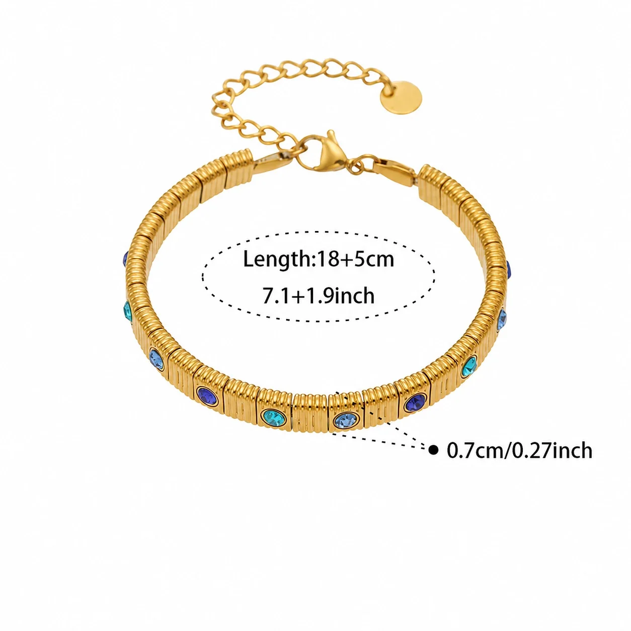 Ribbed Stainless Steel Bezel CZ Chain Bracelet - Gold Blue CZ
