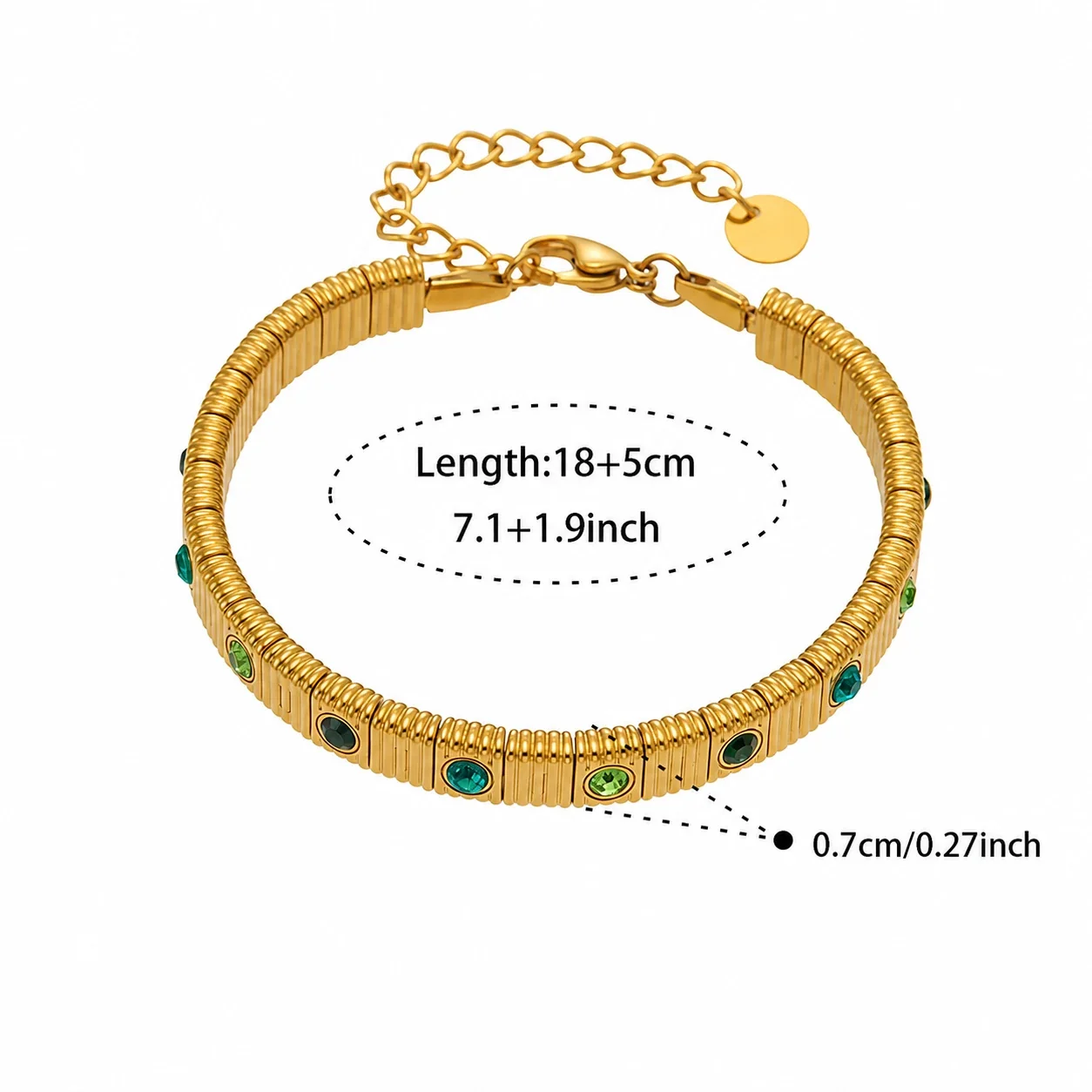 Ribbed Stainless Steel Bezel CZ Chain Bracelet - Gold Green CZ