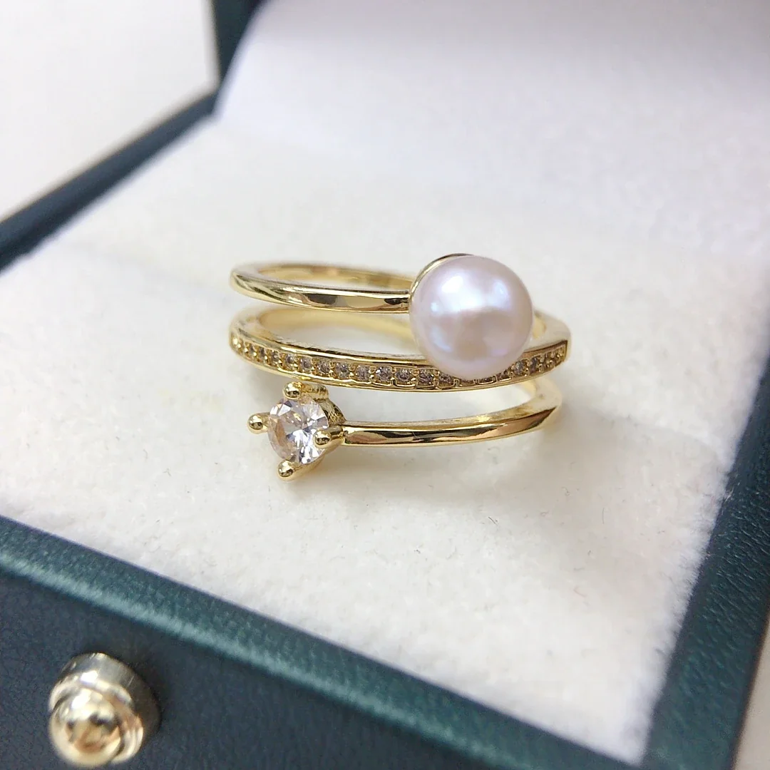 Lustrous Gold-Plated Wrap Band Freshwater Pearl CZ Ring
