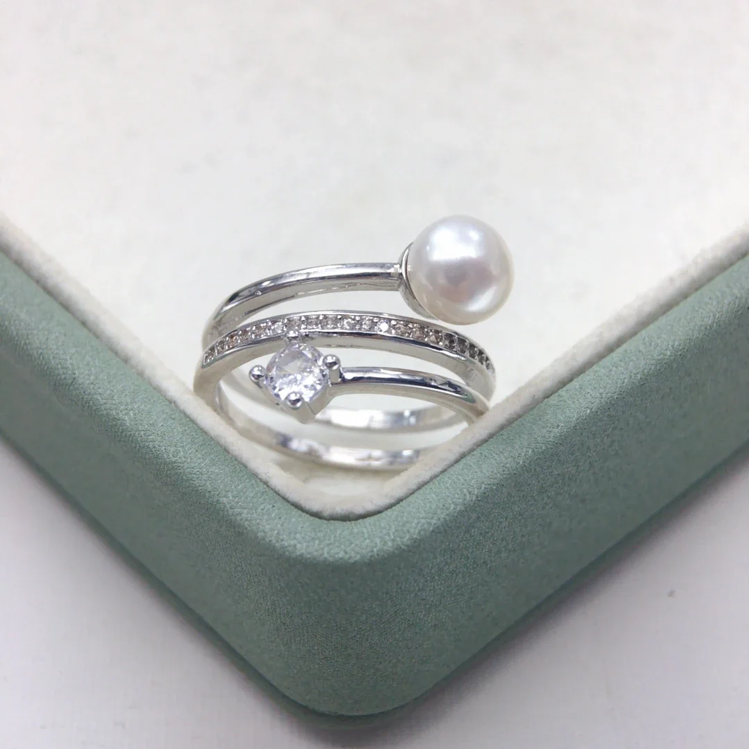 Lustrous Gold-Plated Wrap Band Freshwater Pearl CZ Ring - Silver