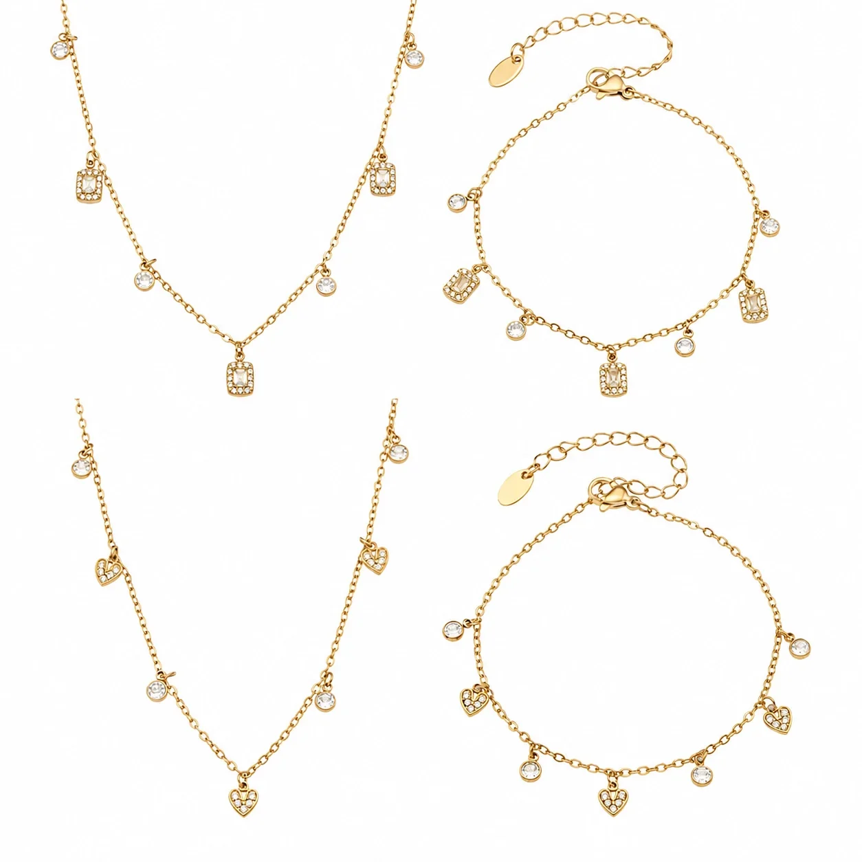 Delicate 18K Gold-Plated Heart Square CZ Jewelry Set