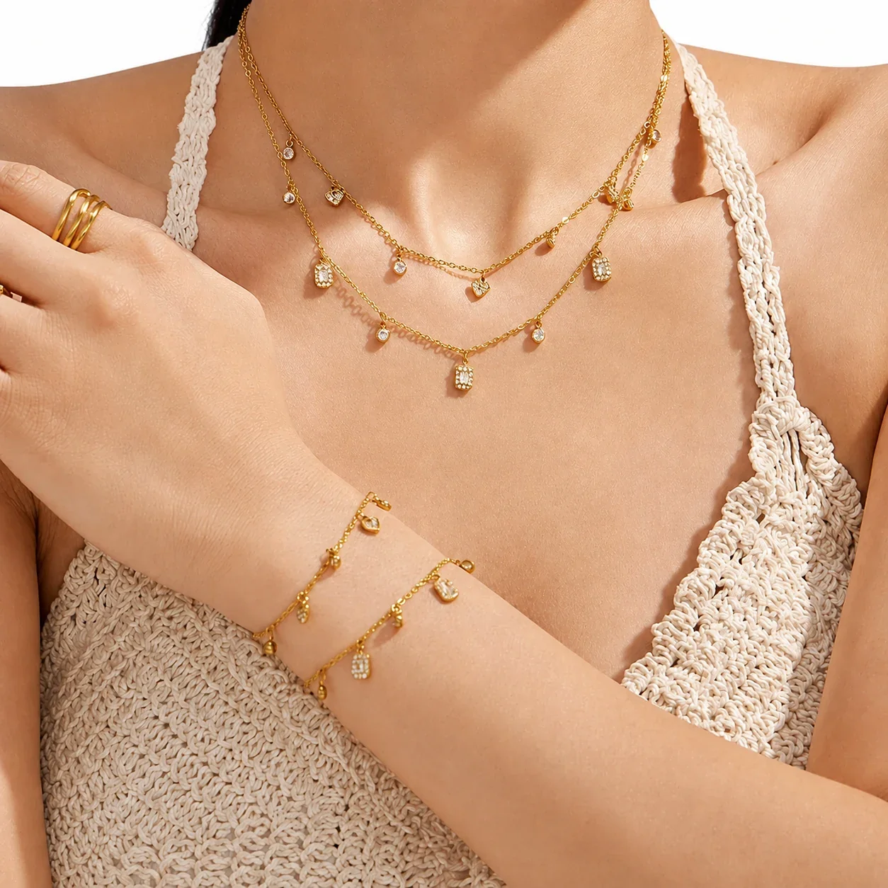 Delicate 18K Gold-Plated Heart Square CZ Jewelry Set